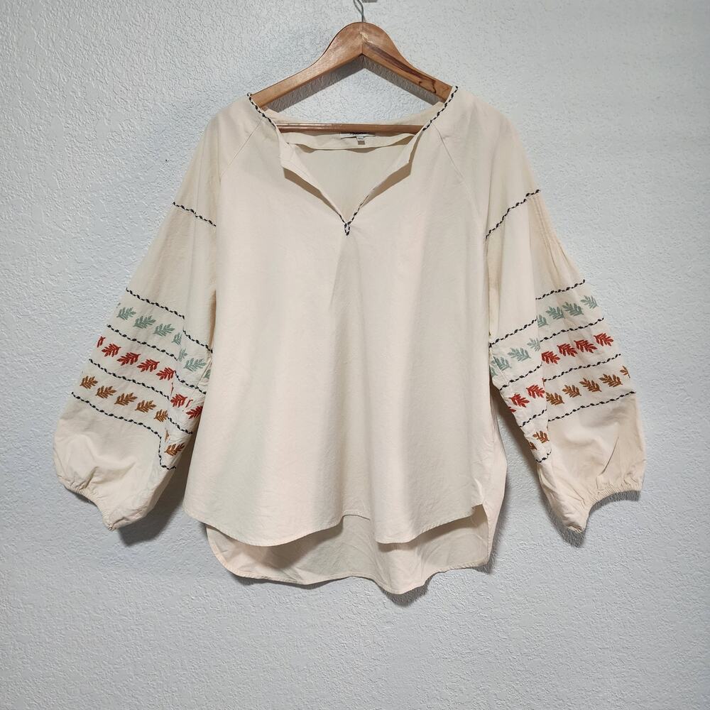 Madewell Cream Embroidered Balloon Sleeve Peasant Blouse Split Neck XL Boho